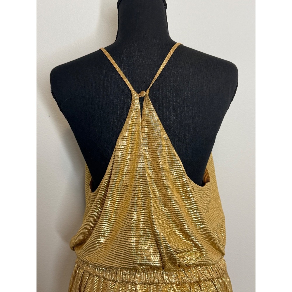 Halston Heritage Gold Metallic Pleated Halter Mini Dress Large Disco Cocktail - Picture 4 of 9
